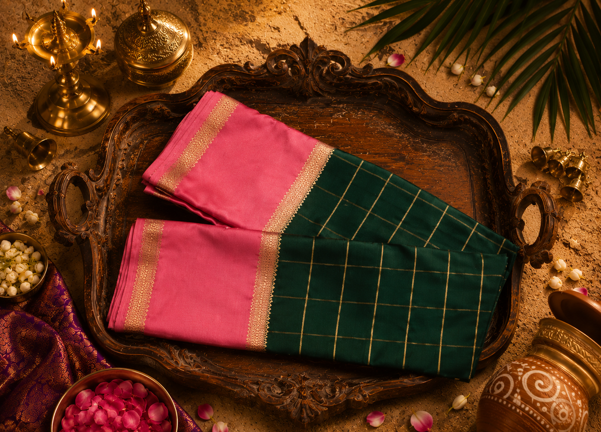 Premium Semi Mysore Silk Checks Saree | Traditional & Elegant Wear